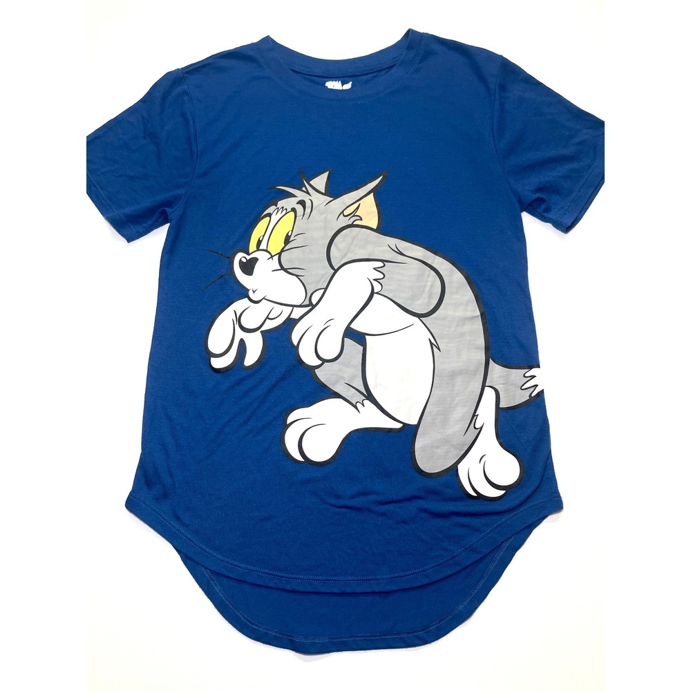 Tom and Jerry Graphic T-Shirt Blue Y2K Cartoon Print High Low Hem Small 0253